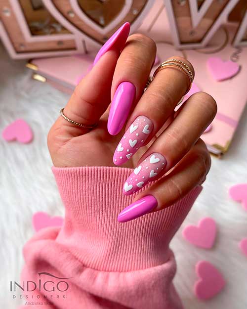 Pink Valentines Nails with White Hearts Long pink valentine’s nails 2023 with white hearts on two pink ombre accent nails