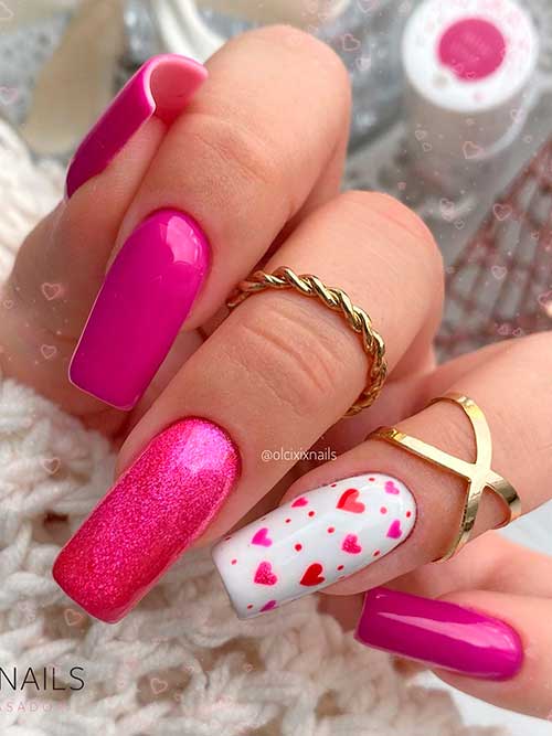 Long red and hot pink valentines day nails square shaped with dots and hearts on white accent