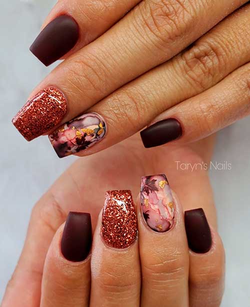 Matte Brown Nails with a Marble Accent Matte Short Coffin Brown Nails with a Marble, and Glitter Accents