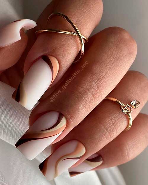 Long Matte Square Shaped Brown Swirl Nails 2022 for a Unique Nail Look