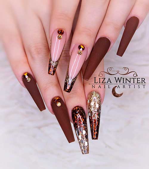 Matte Coffin Brown Nails with Glitter Nails and Gemstones on Two French Tip Nails