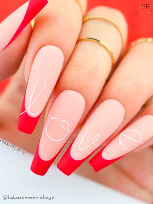 Matte French red valentines day nails 2022 with white letters of LOVE word design