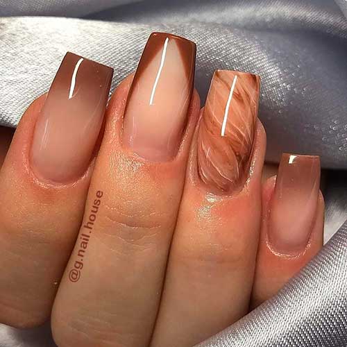 Medium Coffin Brown Ombre Nails Design with Marble and French Accents