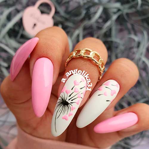 Long Pink and White Love Valentines Day Nails 2022 with Small Pink Hearts