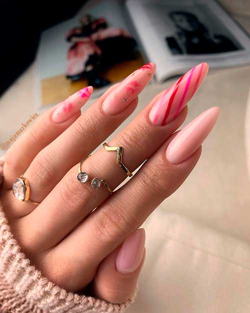 Long Almond Shaped Nude Pink Romantic Kisses Valentines Day Nails 2022 Design