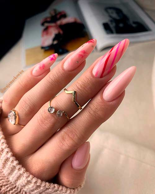 Romantic Kisses Valentines Day Nails Long Almond Shaped Nude Pink Romantic Kisses Valentines Day Nails 2022 Design