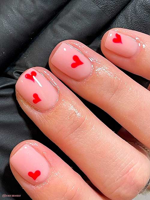 Short nude simple valentines day nails 2022 with red hearts design