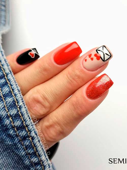 Short square black and red valentines day nails with glitter and red heart shapes design