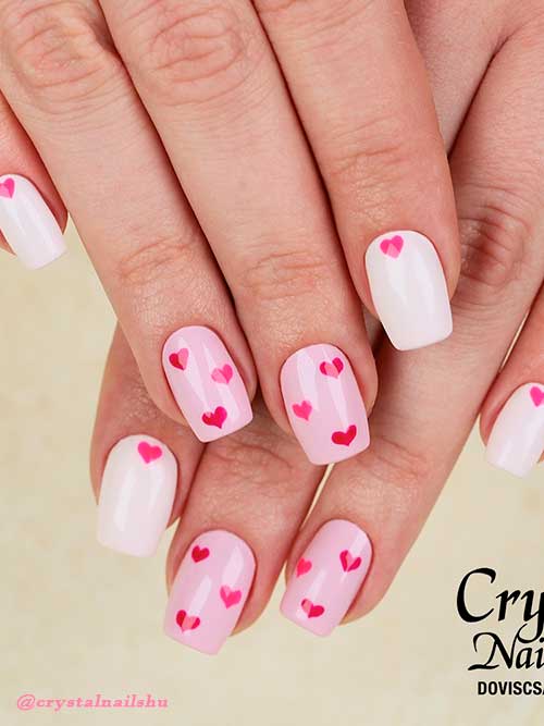 Short square white and pink valentines day nails with hot pink heart shapes design