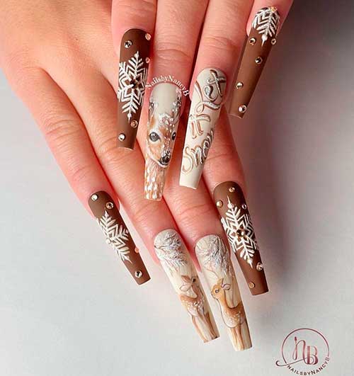 Long Coffin Snowflakes and Reindeer Christmas Matte Brown Nails Design with Crystals