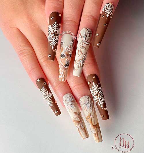 Snowflakes and Reindeer Christmas Matte Brown Nails Design Long Coffin Snowflakes and Reindeer Christmas Matte Brown Nails Design with Crystals