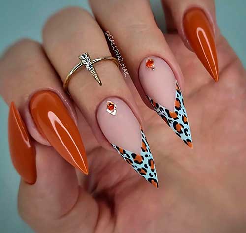 Stiletto Caramel Brown Nails Design Stiletto Caramel Brown Nails Design with Two Leopard French Nails Adorned with Rhinestones