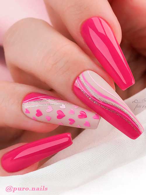 Sweet and candy long coffin pink valentines day nails with hearts and swirl accents