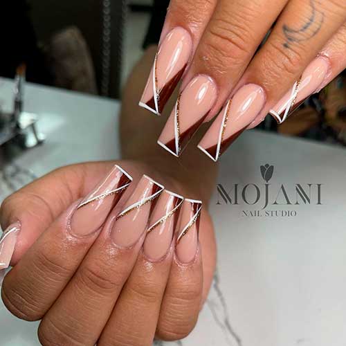 Twisted Brown Nail Design with White and Gold Glitter Lines Long Coffin Twisted Brown Nail Design with White and Gold Glitter Lines
