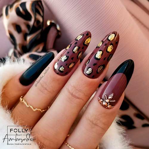 Long Round Wild Black and Brown Nails with Leopard Animal Print and Rhinestones Design