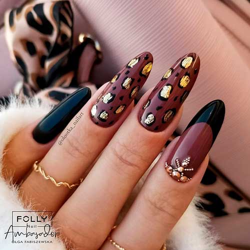 Wild Black and Brown Nails Design Long Round Wild Black and Brown Nails with Leopard Animal Print and Rhinestones Design