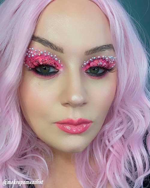 Angelic Eye Glitter Pink Eye Look with Glitter and Rhinestones and Glossy Pink Lips for Valentine's Day