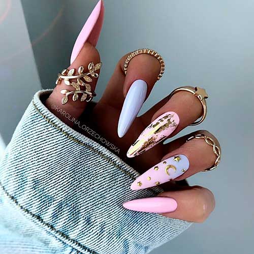 Blue and Pink Pastel Color Nails Long Stiletto Blue and Pink Pastel Color Nails with Gold Stars and Transfer Foil