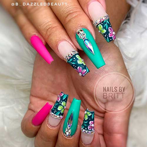 Bold Floral Coffin Summer Nail Design with Pink and Mint Green Accents and Adorned with Rhinestones