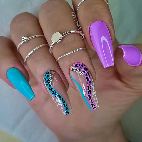 Bright Purple and Blue Coffin Nails with Swirls Adorned with Leopard Prints and Silver Rhinestones on Two Accent Nails
