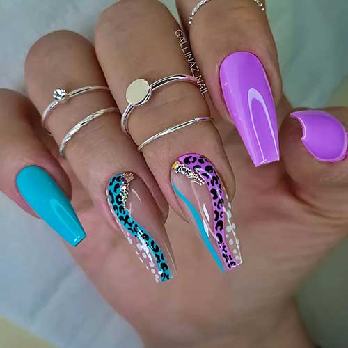 Bright Purple and Blue Coffin Nail Design Bright Purple and Blue Coffin Nails with Swirls Adorned with Leopard Prints and Silver Rhinestones on Two Accent Nails