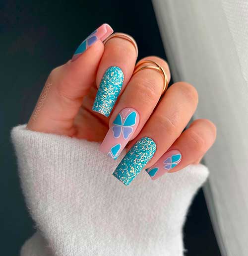 Long Square Shaped Butterfly Spring Nails with Sparkling Accents Long Square Shaped Butterfly Spring Nails with Sparkling Accents