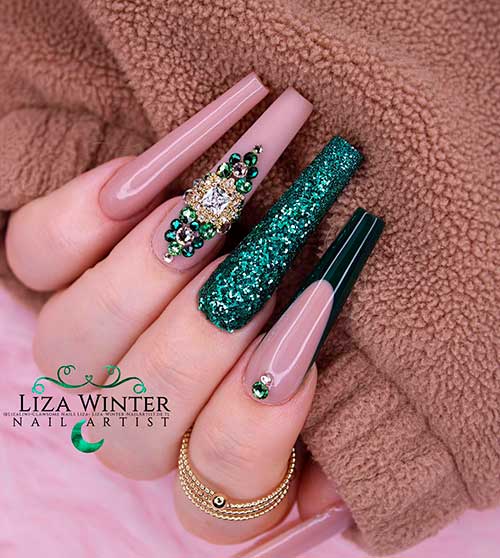 Extra Long Cashmere Emerald Coffin Nail Design with Glitter and Rhinestones