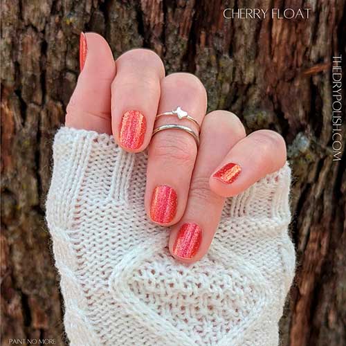 Short Round Nails Covered with Cherry Float Color Street Nail Strips for Valentine's Day 2022