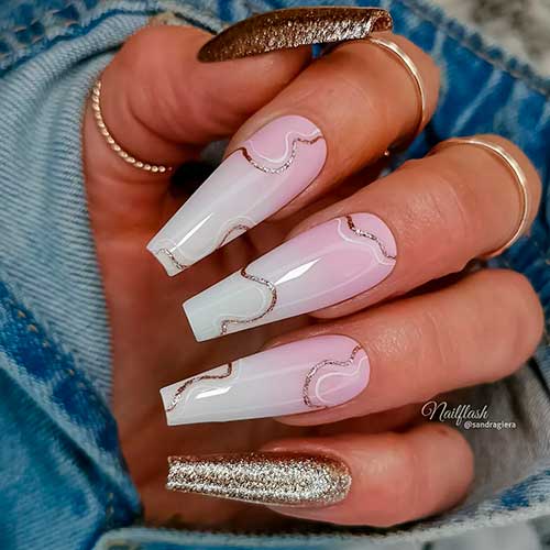 Classy Coffin Ombre Nails with Gold Swirls and Two Gold Glitter Accents Classy Coffin Ombre Nails with Gold Swirls and Two Gold Glitter Accents