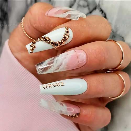 Classy White Coffin Nails with Marble Effects, and Gold Rhinestones - Classy Coffin Nail Designs 2022