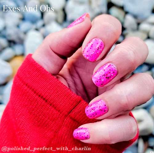 Short Round Fuchsia Pink Nails Covered with Color Street Exes and Ohs Nail Strips for Valentines Day 2022
