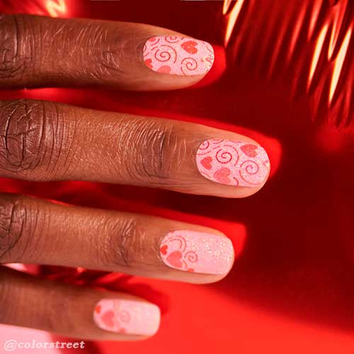 Short Round Nails Covered with Pink Valentines Color street Queen of Hearts Nail Strips 2022