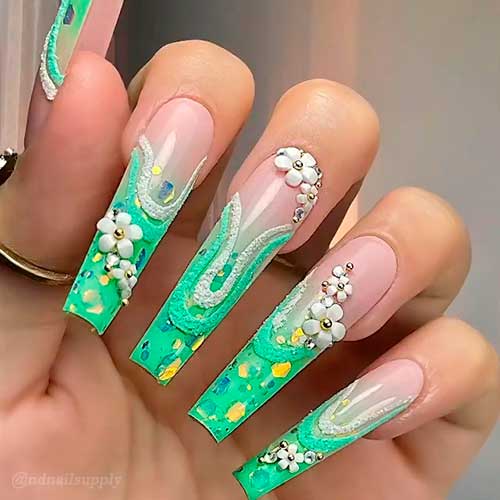 Floral Ombre Mint Green Coffin Nails with Swirls, 3D White Flowers, and Glitter