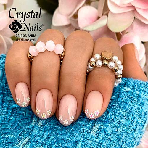 French Flower Nail Design with Nude Base Color and Colorful Flowers on Nail Tips