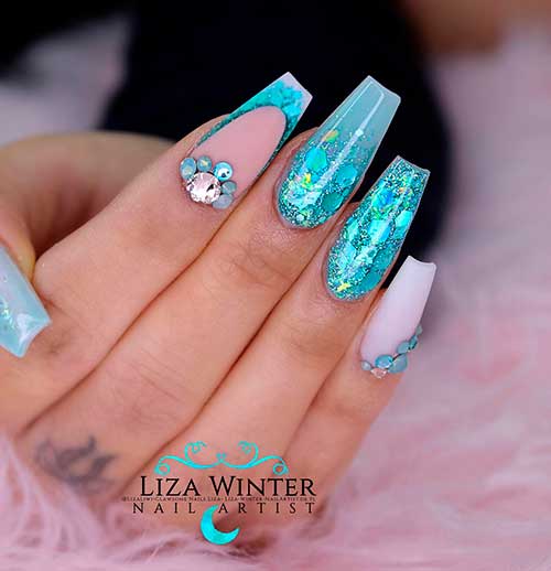 Glossy Medium Dusty Teal Coffin Nails with Glitter and Matte Nude Accent