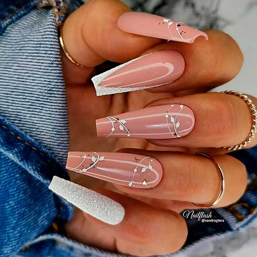 Glossy Medium Nude Coffin Nails with White Leaves and White Sugar Glitter on Two Accents
