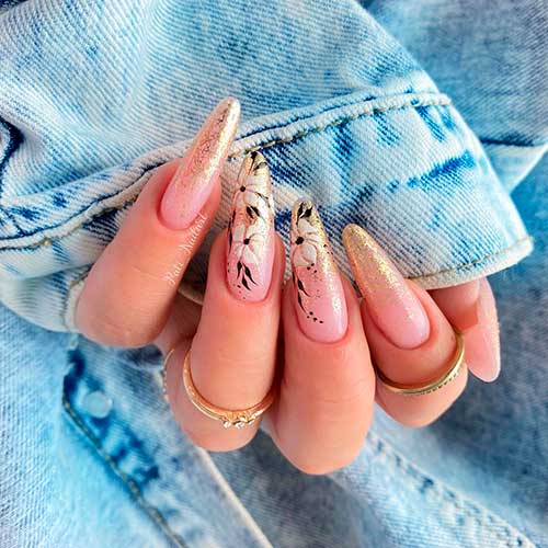 Gold Glitter Spring Nails Design Long Almond Shaped Gold Glitter French Spring Nails Design with Daisy Flowers on Accents