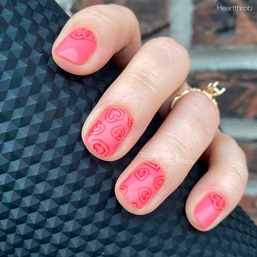 Short Glossy Round Coral Heart Nails Covered with Valentines Heartthrob Color Street Nail Strips 2022
