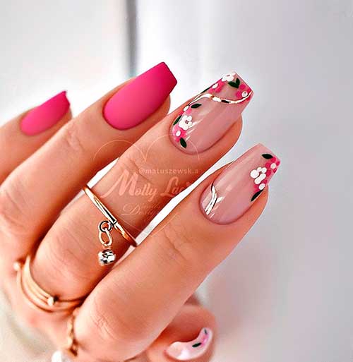 Hybrid Matte Hot Pink Coffin Spring Nails with White and Pink Flower Nails which have Nude Base Color
