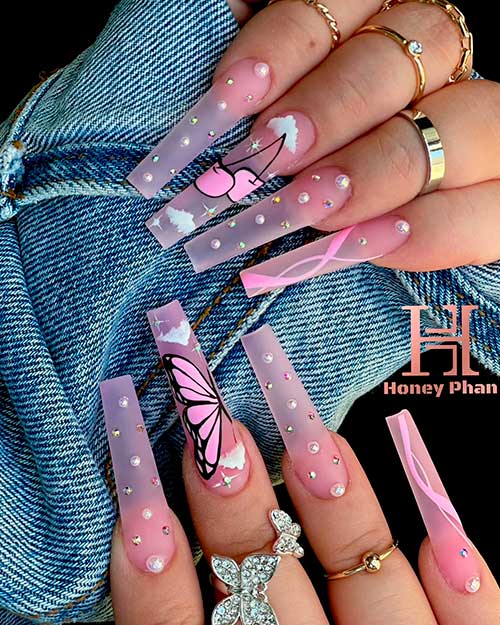 Coffin Shaped Jelly Pink Spring Nails Design with butterfly and cherry Accents, and Rhinestones