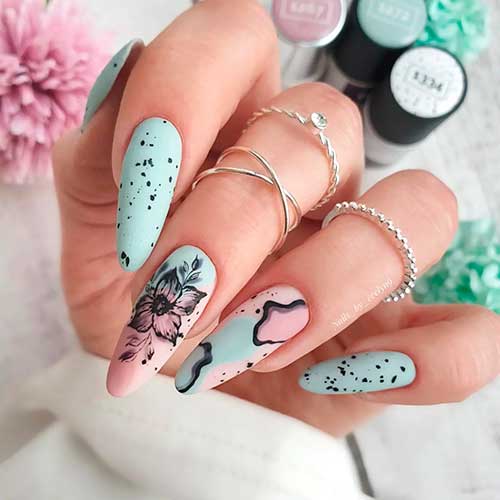 Long Almond Spring Pastel Nails Consists of Mint Green and Pink with Black Dots and A Flower on Accent Nail