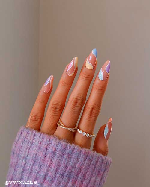 Long Almond Pastel Purple, Yellow, and Blue Swirl Nails for Spring 2022 Long Almond Pastel Purple, Yellow, and Blue Swirl Nails for Spring 2022