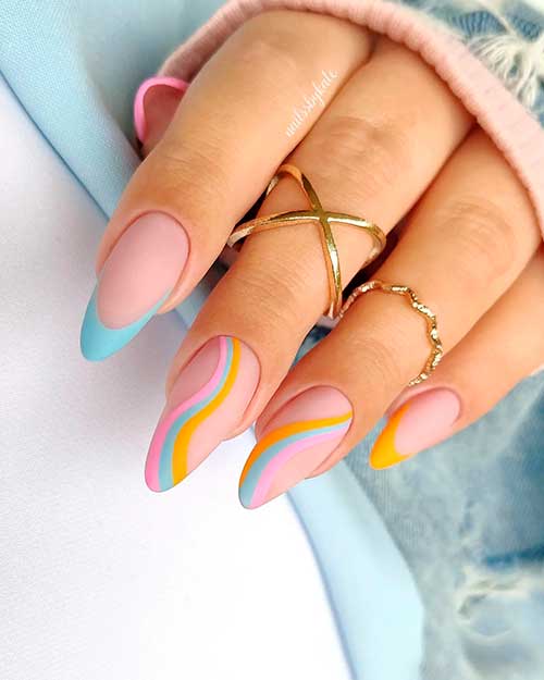 Long Almond Shaped French Pastel Nails with Swirls Accents