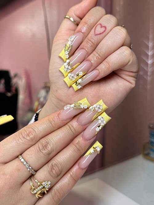Long Square Shaped Spring French Yellow Nails 2023 with Daisy Flowers