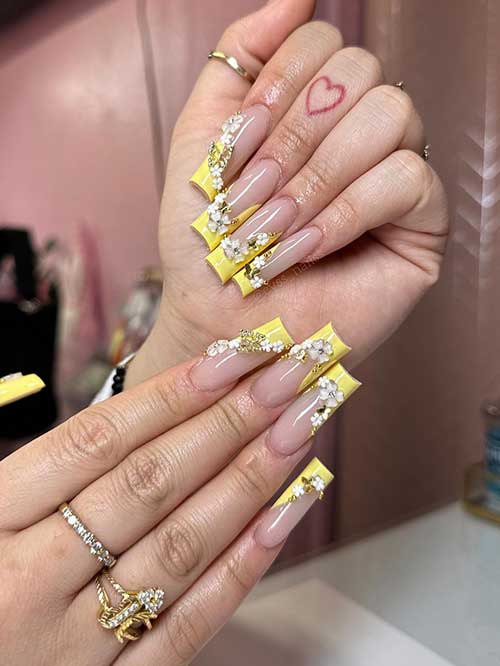 Spring French Yellow Nails with Daisy Flowers Long Square Shaped Spring French Yellow Nails 2023 with Daisy Flowers