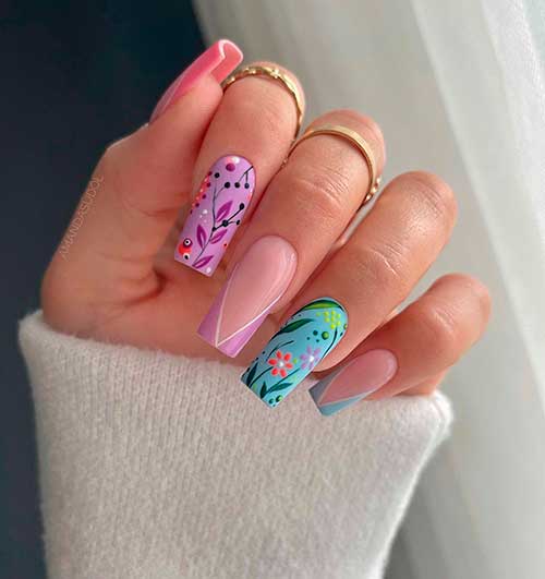 Long Square Spring Colorful V French Tip Nails Design with Floral and Leaf Nail Art on Accents