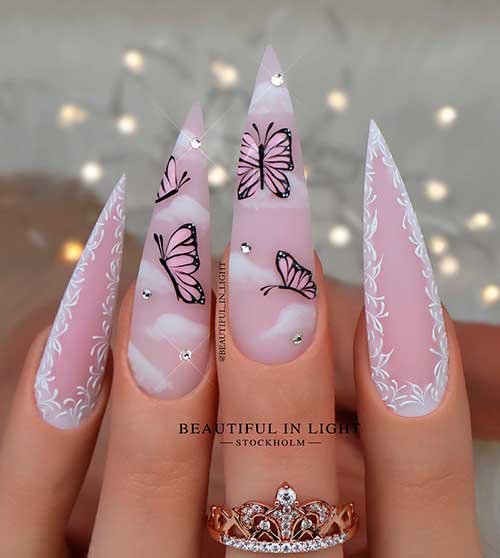 Long Stiletto Rubber Base Pink Butterfly Spring Nails