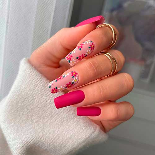 Long square shaped matte pink cute spring nails with two accents flower nails design