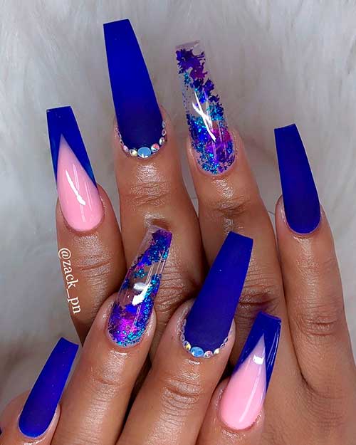 Matte Royal Blue Coffin Nails with Rhinestones and Clear Accent with Royal Blue Patches