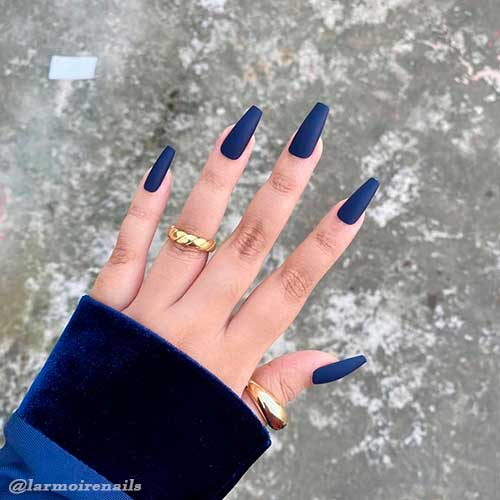 Medium Length Matte Plain Navy Blue Coffin Nails 2022